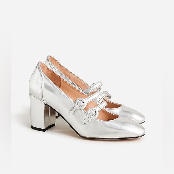 J. Crew Two Strap Metallic Silver Heeled Mary Janes - Picture 1 of 12